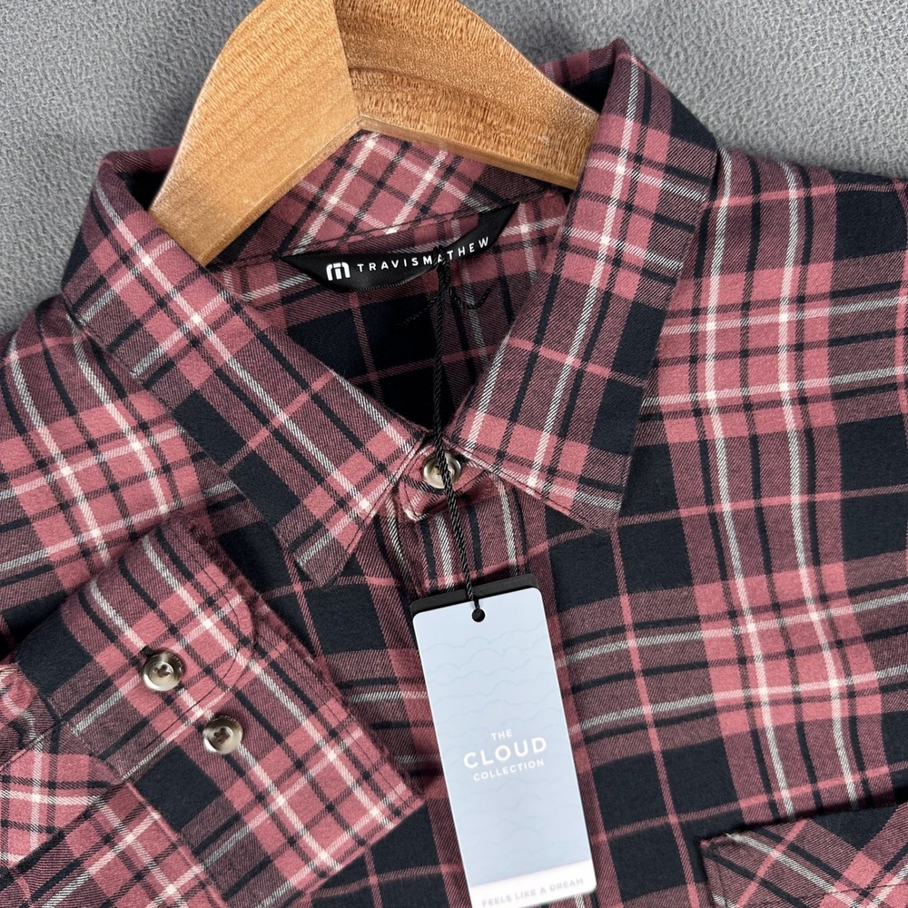 Travis Mathew Shirt Mens Medium Black Pink Plaid Cloud Flannel Quiet Luxury New